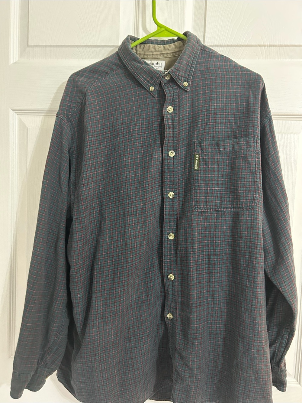 Columbia Men's Gray Plaid Button-Down Shirt with Red Windowpane